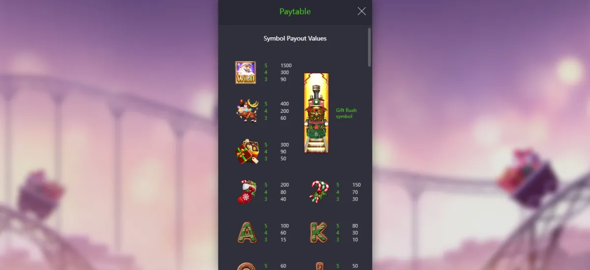 สัญลักษณ์ซานต้าและกล่องของขวัญในเกม Santa’s Gift Rush PG SLOT
