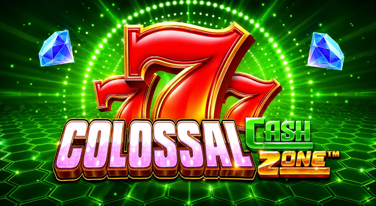 ภาพปกเกม Colossal Cash Zone จาก Pragmatic Play เลข 7 สีแดง เพชร และพื้นหลังสีเขียว