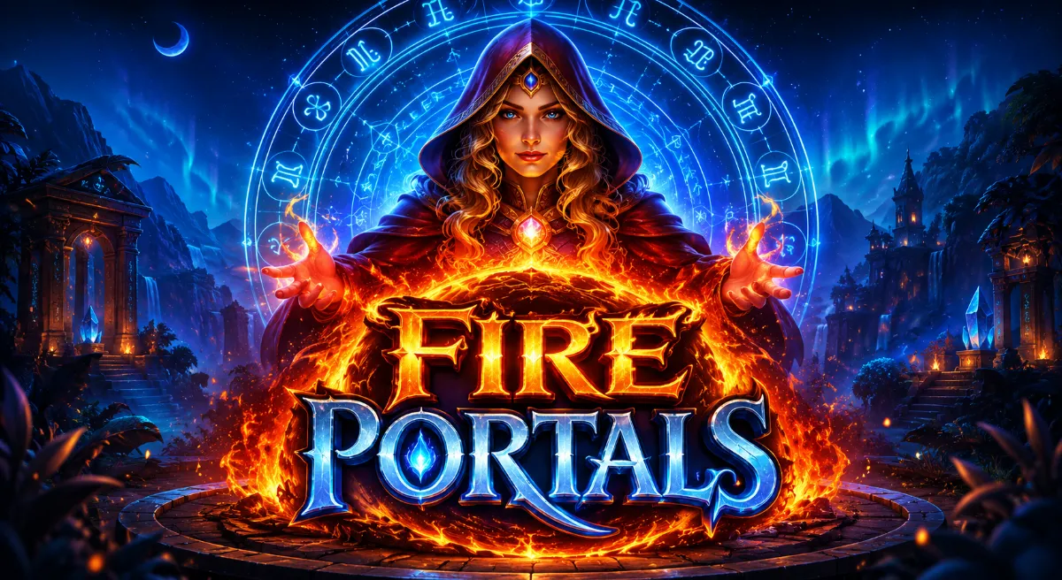 ภาพปกเกม Fire Portals สล็อต Pragmatic Play พร้อมนักเวทและประตูไฟ