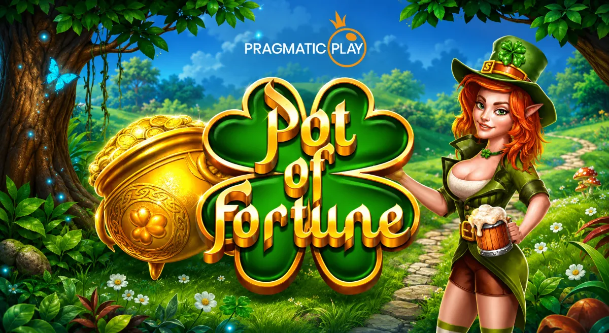 ภาพปกเกม Pot of Fortune จาก Pragmatic Play ธีมภูติแคระ หม้อทองคำ และใบโคลเวอร์