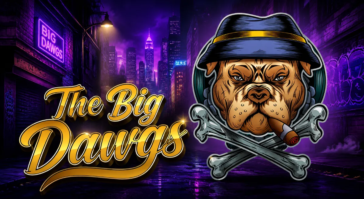 ภาพปกเกม The Big Dawgs สุนัขบูลด็อกสวมหมวกถือซิการ์ในฉากเมืองนีออน