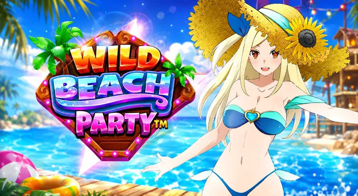 ภาพปกเกม Wild Beach Party ธีมปาร์ตี้ชายหาด ตัวละครสาวอนิเมะ และทะเลสีฟ้า