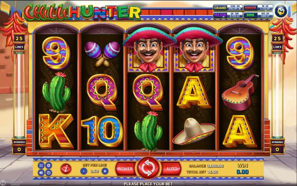 หน้าเกม Chilli Hunter แสดงพริกแดงและบรรยากาศครัวเม็กซิกัน