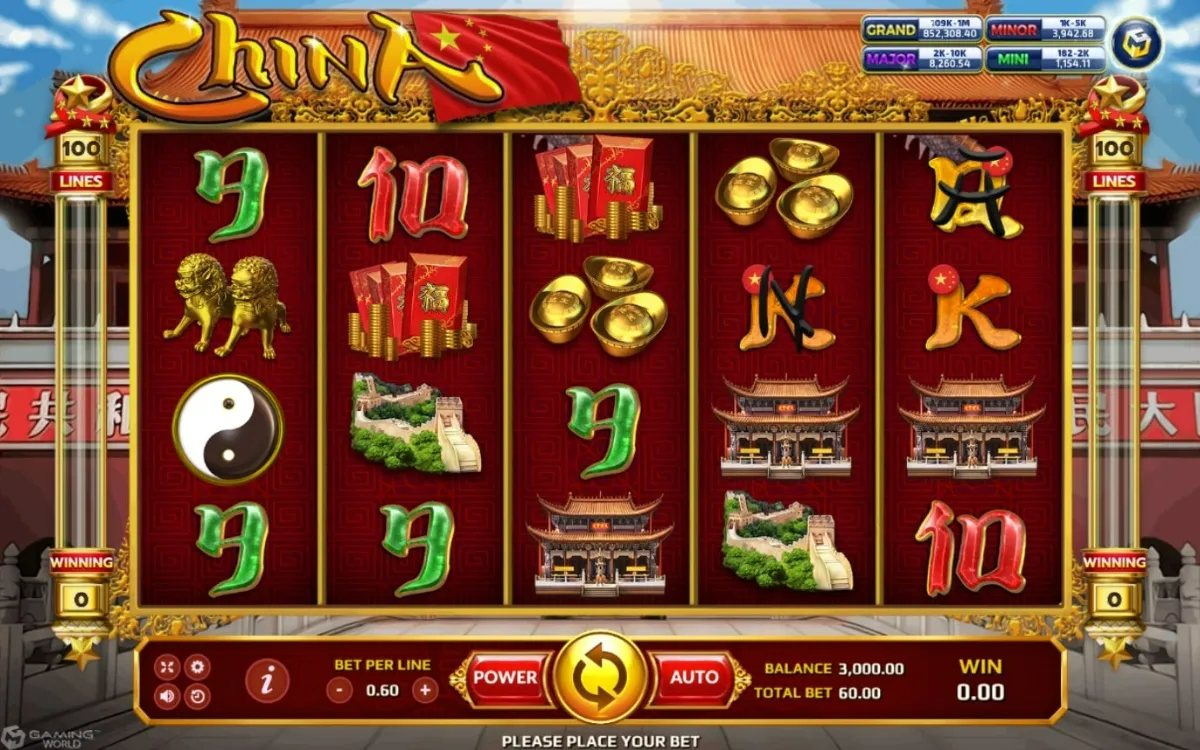 หน้าเกม China แสดงลวดลายจีนโบราณและโทนสีแดงทอง
