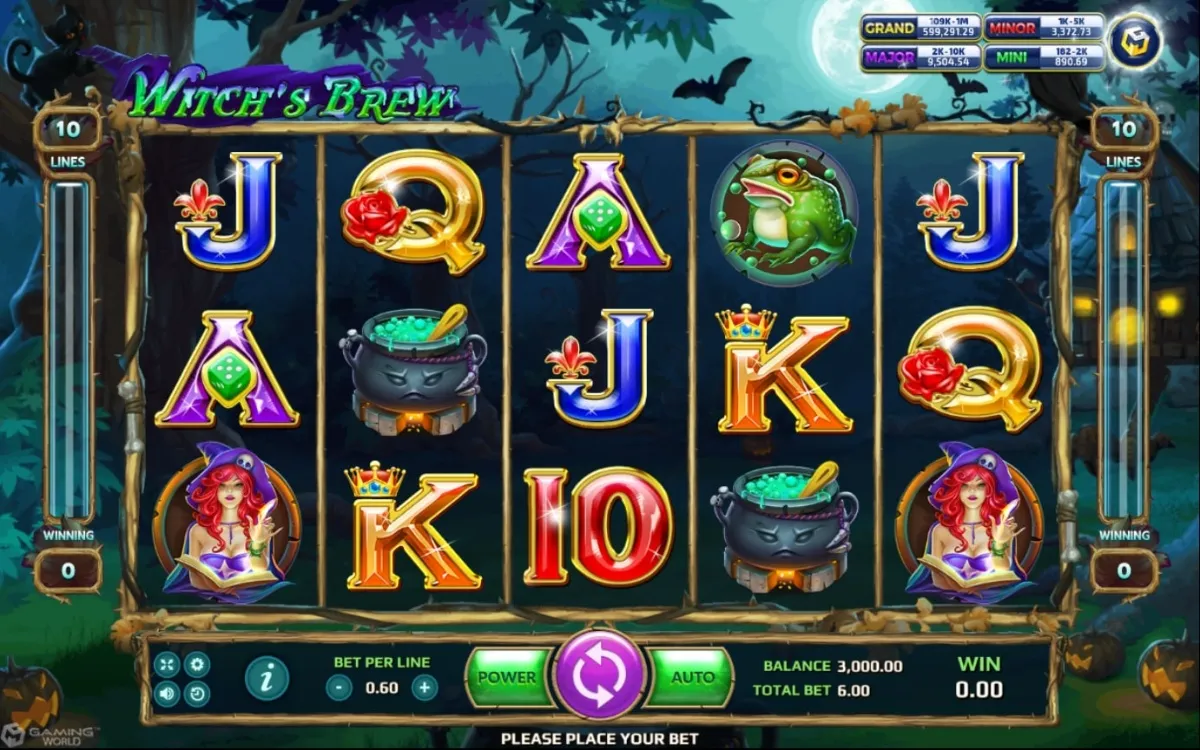 หน้าเกม Witch’s Brew แสดงแม่มดและหม้อต้มเวทมนตร์ในป่ามืด