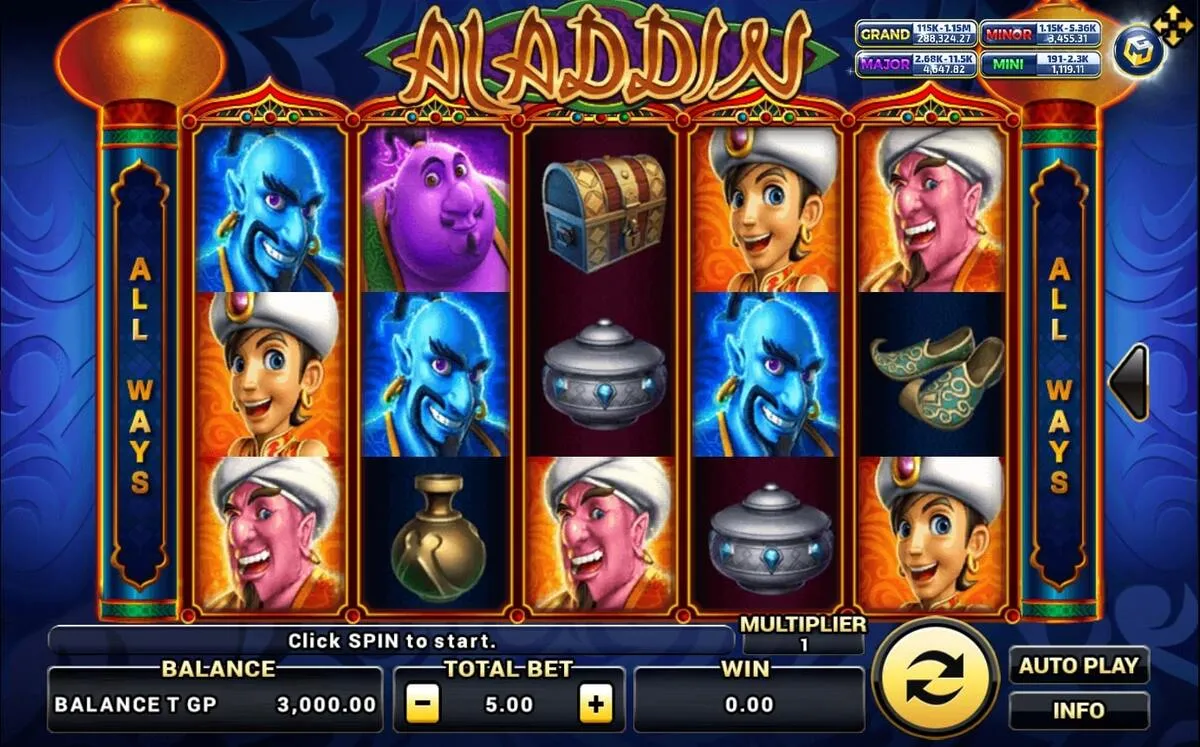 หน้าเกม Aladdin แสดงตัวละครอะลาดินและบรรยากาศตะวันออกกลาง