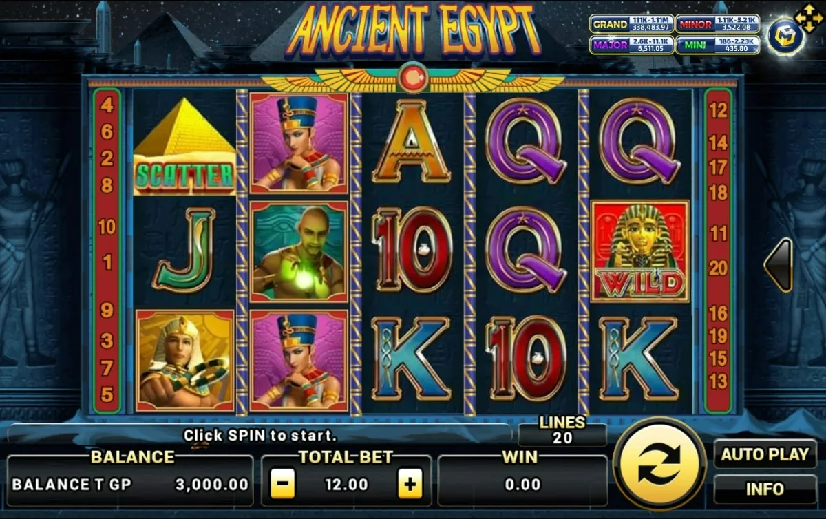 หน้าเกม Ancient Egypt แสดงพีระมิดและบรรยากาศทะเลทราย