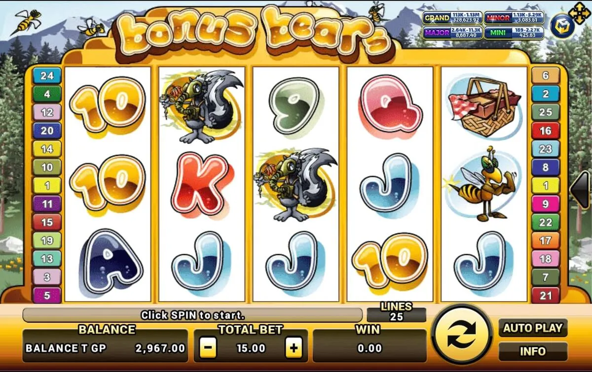 หน้าเกม Bonus Bear แสดงหมีการ์ตูนและบรรยากาศสดใส