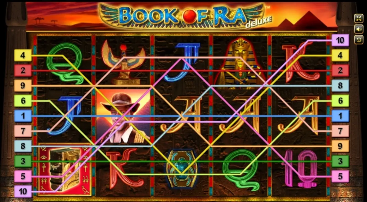 หน้าเกม Book Of Ra Deluxe แสดงนักสำรวจและพีระมิดกลางทะเลทราย