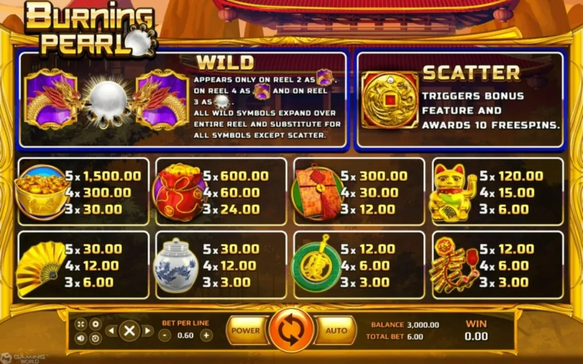 รีลเกม Burning Pearl พร้อมสัญลักษณ์ไข่มุกและสิ่งมีชีวิตทะเล