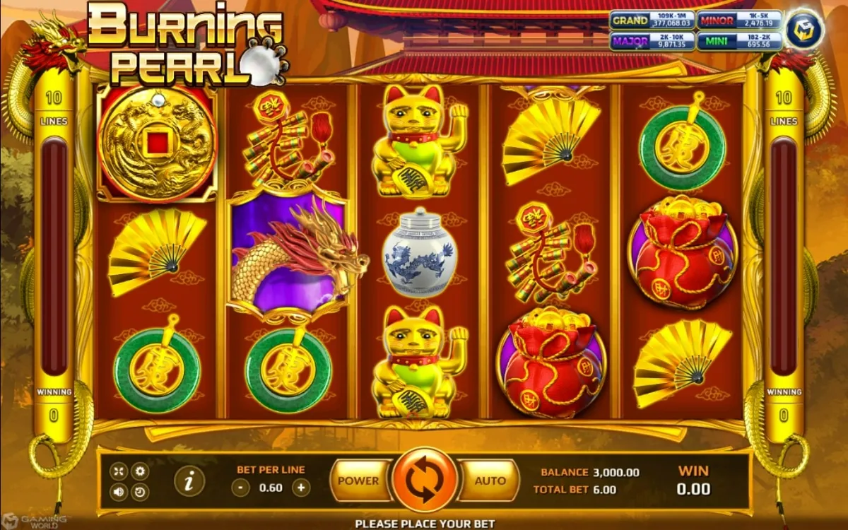หน้าเกม Burning Pearl แสดงไข่มุกเรืองแสงและบรรยากาศทะเลลึก