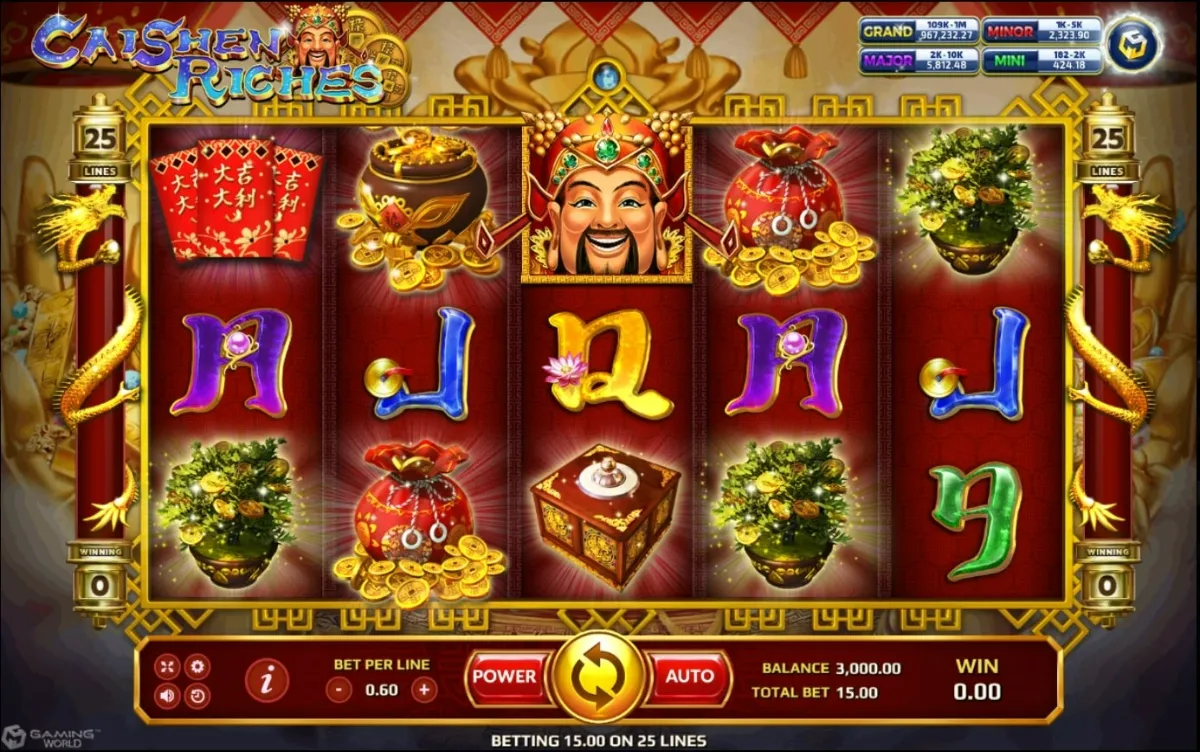 หน้าเกม Caishen Riches แสดงเทพเจ้าแห่งโชคลาภและเหรียญทอง