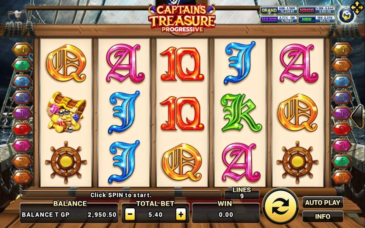 หน้าเกม Captains Treasure Progressive แสดงกัปตันโจรสลัดและสมบัติทอง