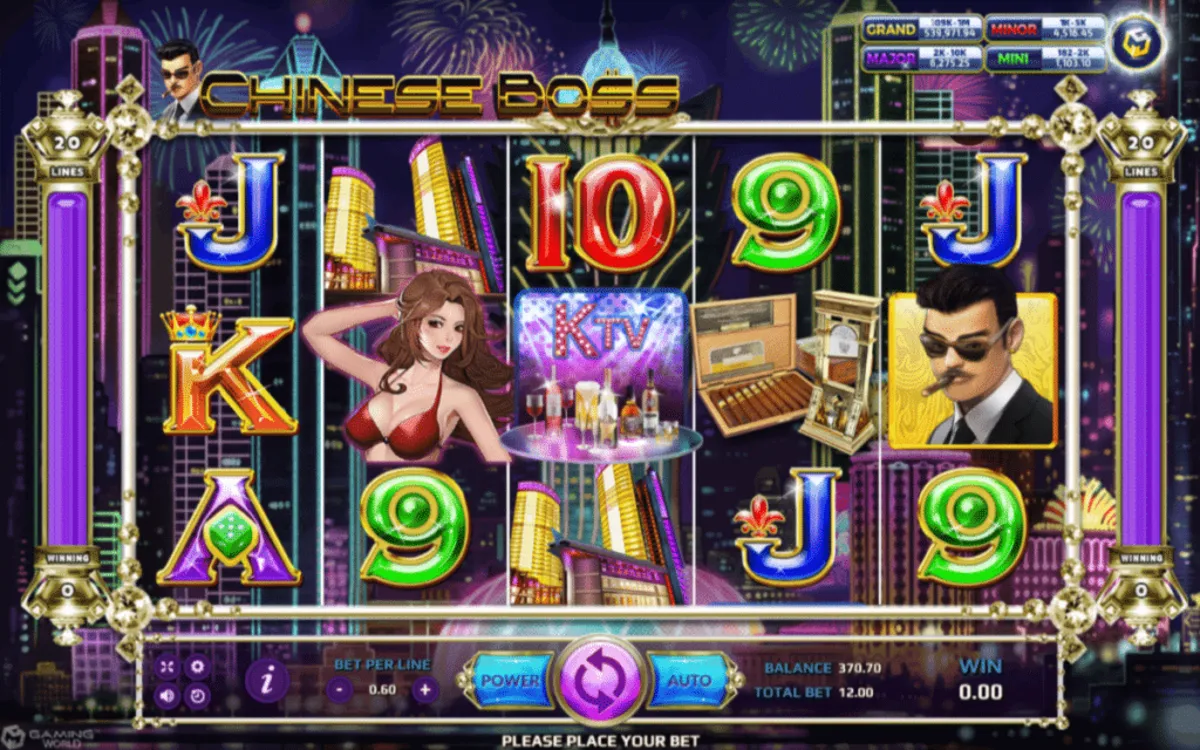 หน้าเกม Chinese Boss แสดงเจ้าพ่อจีนและบรรยากาศมงคลสีแดงทอง