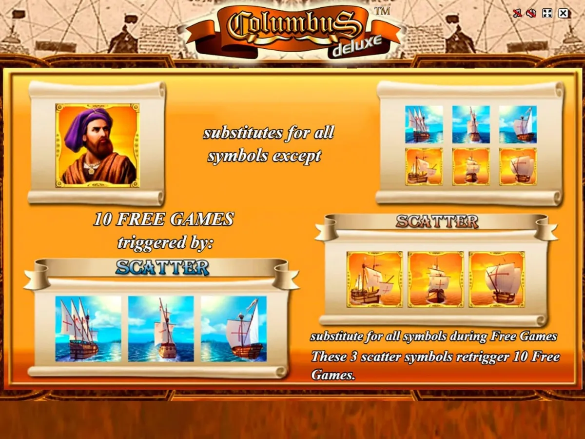 ตารางสัญลักษณ์ Columbus Deluxe แสดงอัตราการจ่ายรางวัล