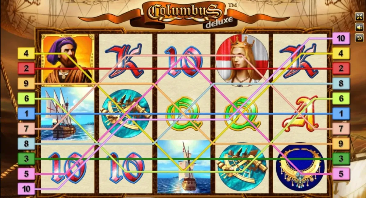 หน้าเกม Columbus Deluxe แสดงนักสำรวจและเรือเดินทะเล