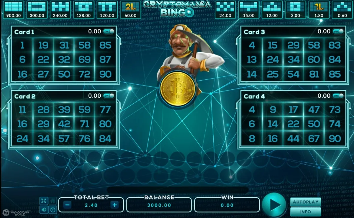 หน้าเกม Crypto Mania Bingo แสดงกระดานบิงโกและสัญลักษณ์คริปโต