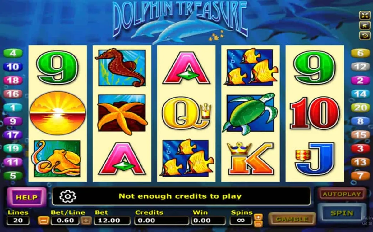 หน้าเกม Dolphin Treasure แสดงปลาโลมาและบรรยากาศทะเลลึก