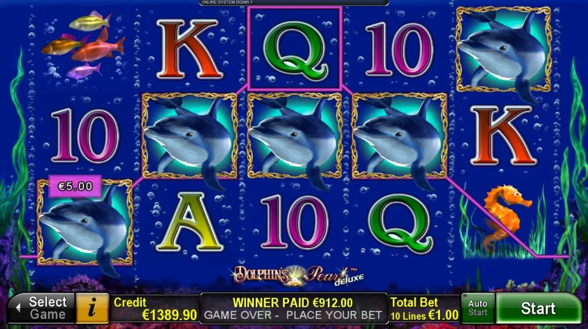 หน้าเกม Dolphin’s Pearl Deluxe แสดงปลาโลมาและโลกใต้ทะเล