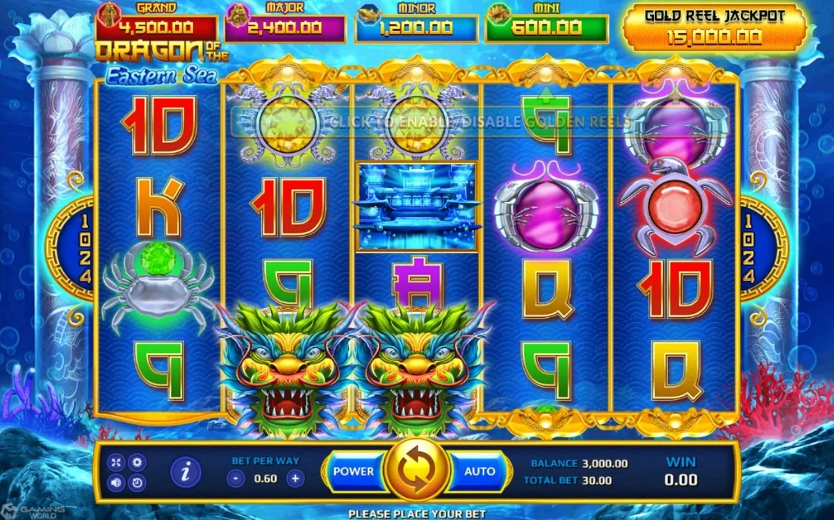 หน้าเกม Dragon Of Eastern Sea แสดงมังกรทะเลและคลื่นน้ำ