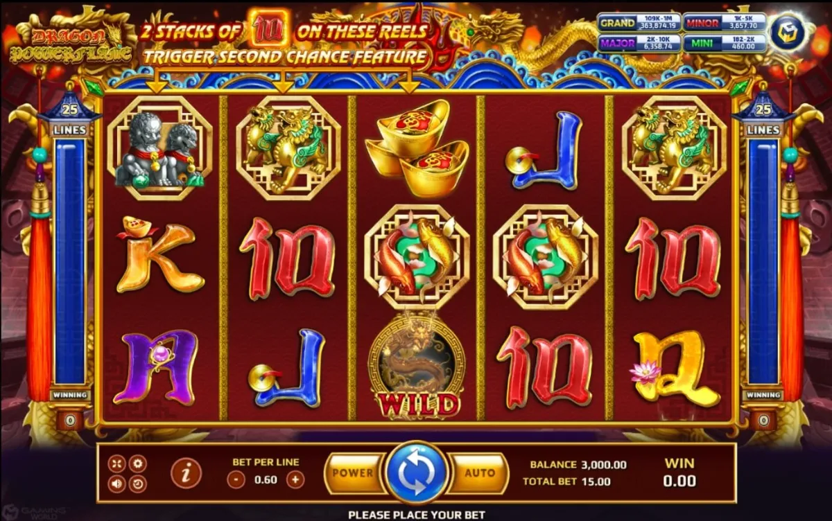 หน้าเกม Dragon Power Flame แสดงมังกรและเปลวไฟลุกโชน