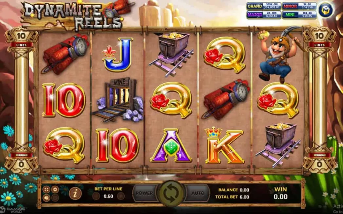 หน้าเกม Dynamite Reels แสดงแท่งไดนาไมต์และบรรยากาศเหมืองแร่