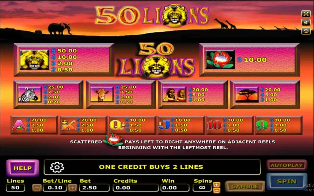 รีลเกม Fifty Lions พร้อมสัญลักษณ์สัตว์ป่าและดอกไม้พื้นเมือง