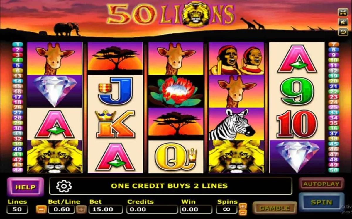 หน้าเกม Fifty Lions แสดงสิงโตและบรรยากาศธรรมชาติออสเตรเลีย