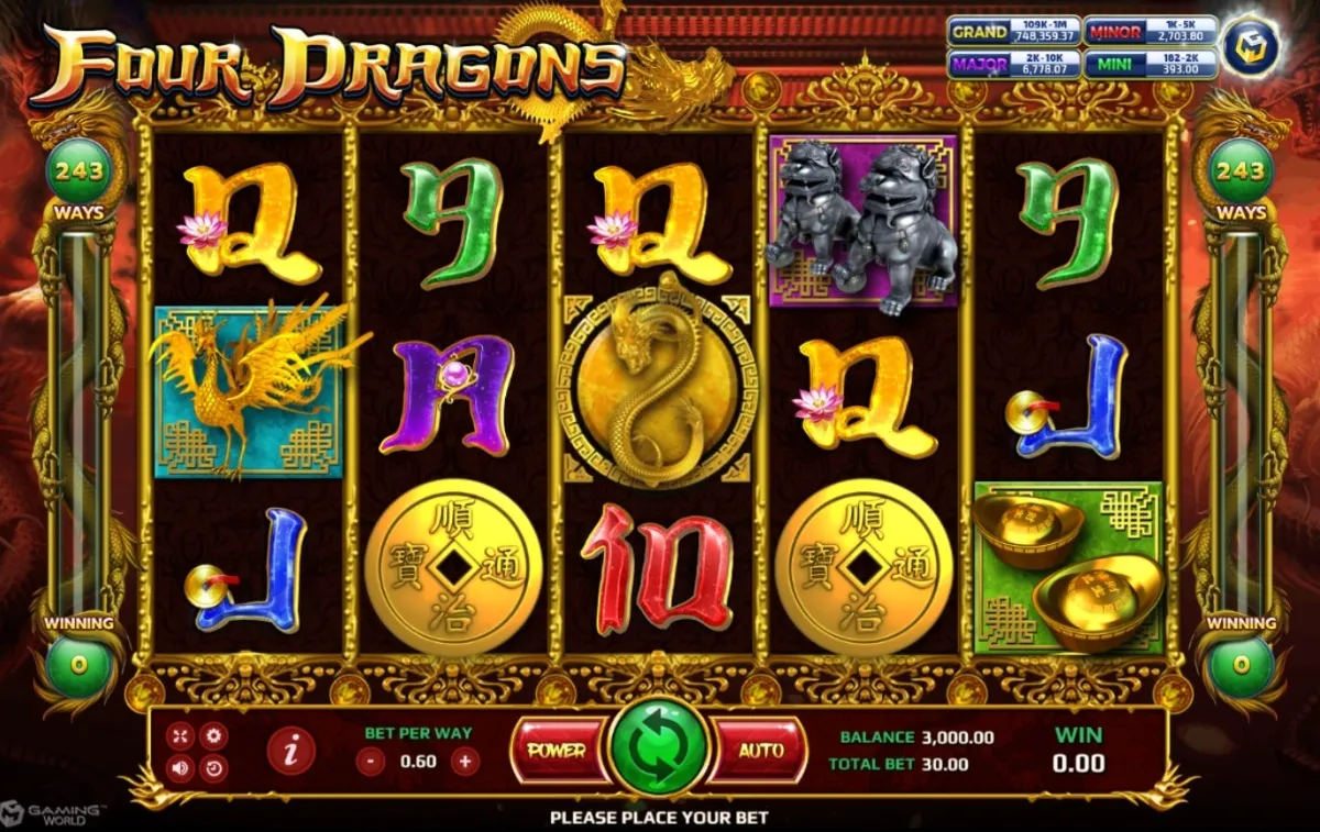 หน้าเกม Four Dragons แสดงมังกรทั้งสี่และบรรยากาศมงคลจีน