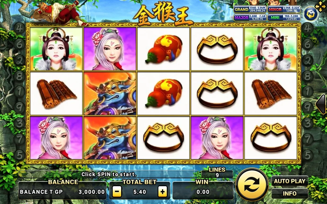หน้าเกม Golden Monkey King แสดงเห้งเจียสีทองและบรรยากาศมงคลจีน