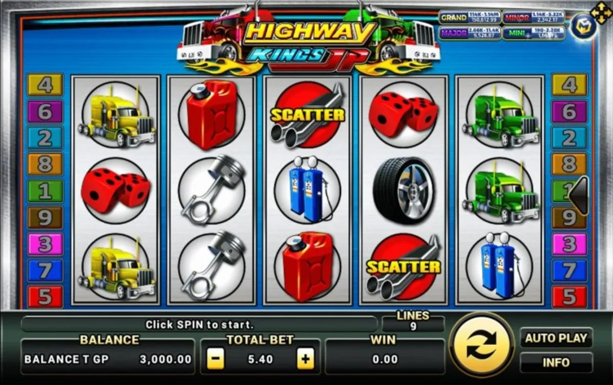 หน้าเกม Highwaykings Progressive แสดงรถบรรทุกและถนนยาวกลางทะเลทราย