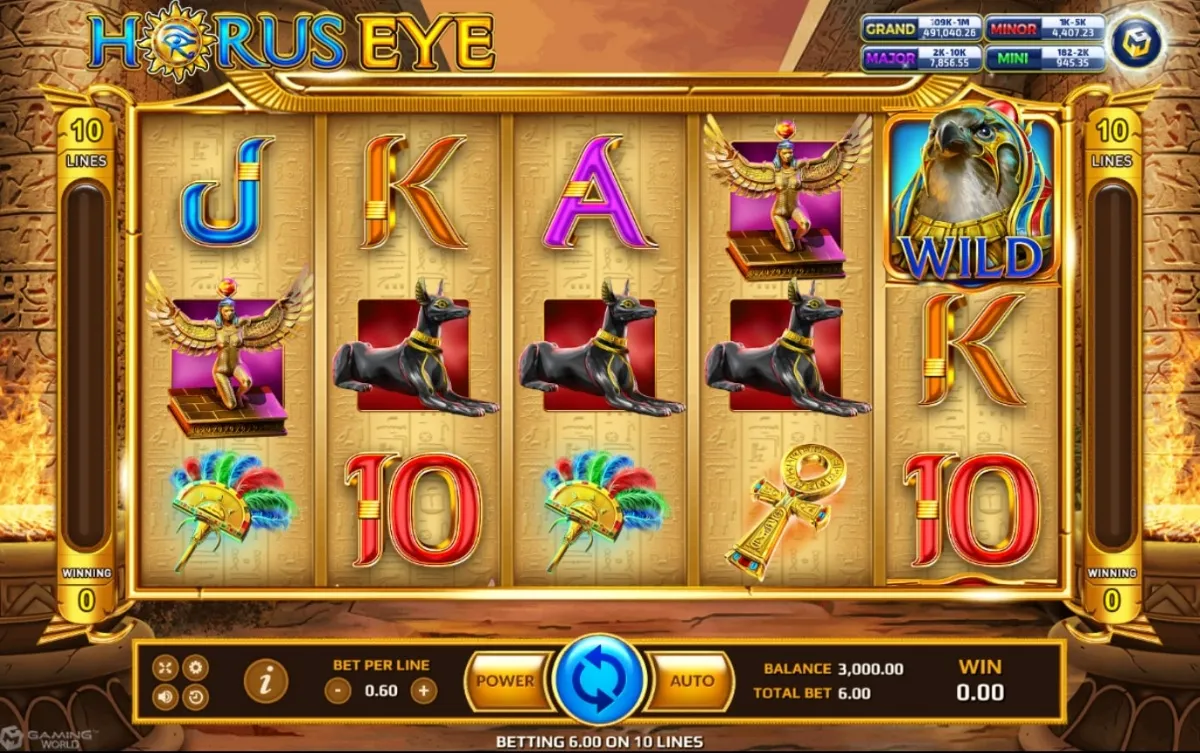 หน้าเกม Horus Eye แสดงดวงตาเทพฮอรัสและบรรยากาศอียิปต์