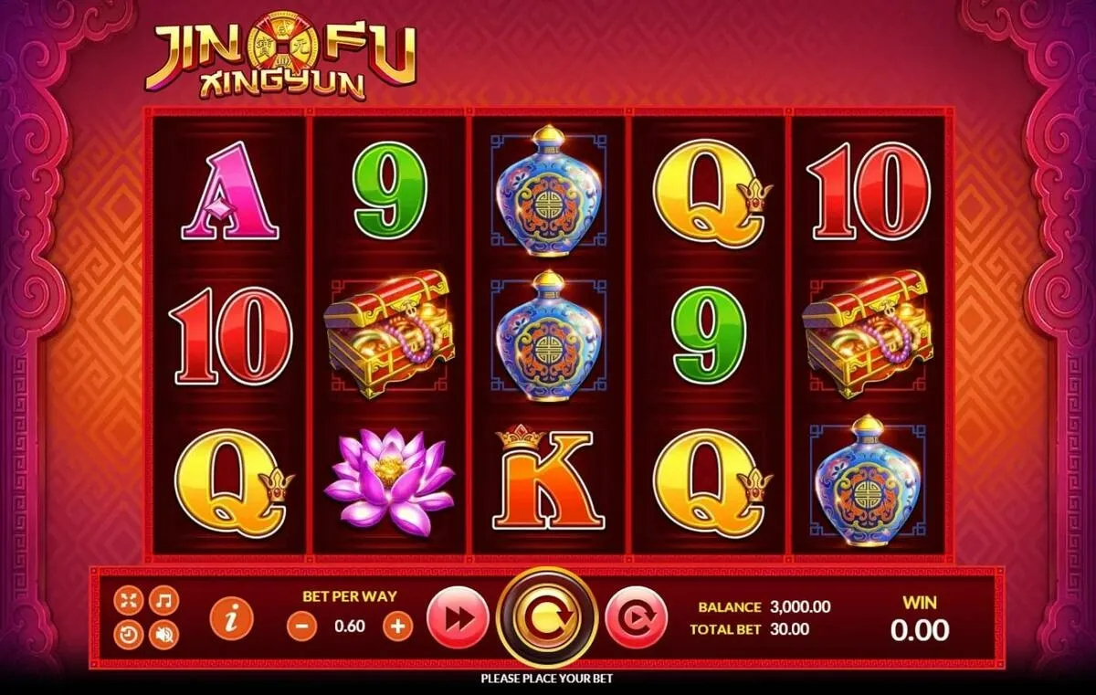 หน้าเกม Jin Fu Xing Yun แสดงสัญลักษณ์มงคลและโทนสีแดงทอง