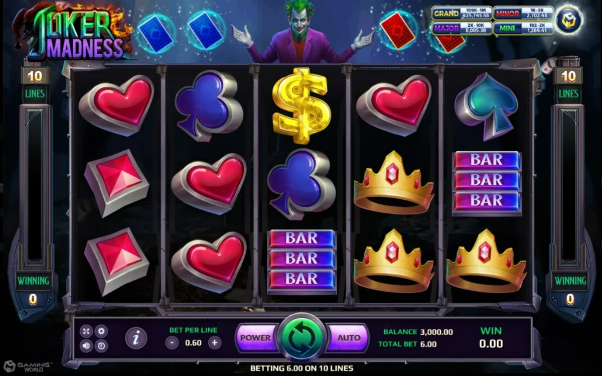 หน้าเกม Joker Madness แสดงตัวโจ๊กเกอร์และสีสันฉูดฉาด