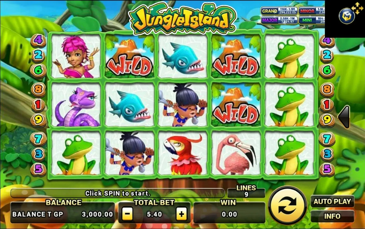 หน้าเกม Jungle Island แสดงเกาะกลางป่าและบรรยากาศธรรมชาติ