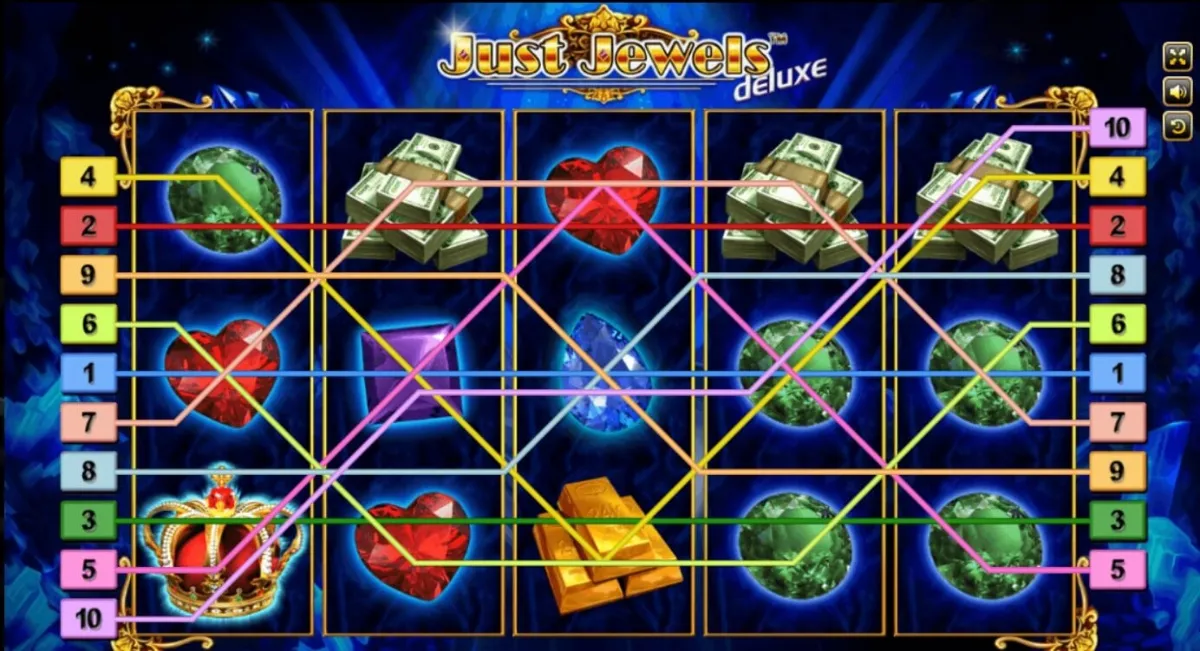 หน้าเกม Just Jewels Deluxe แสดงอัญมณีหลากสีบนพื้นหลังเรียบ