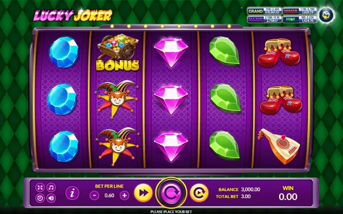 รีลเกม Lucky Joker พร้อมสัญลักษณ์โจ๊กเกอร์และไพ่คาสิโน