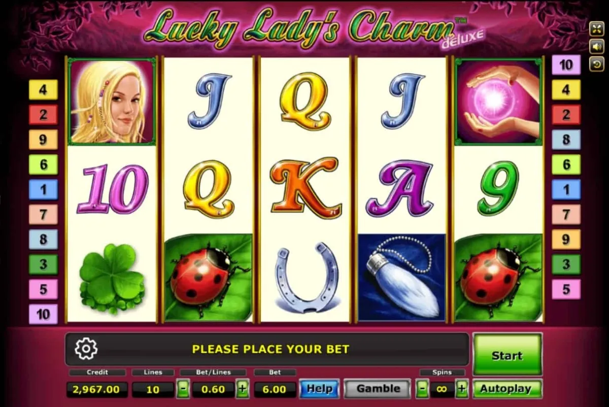 หน้าเกม Lucky Lady Charm แสดงหญิงสาวนำโชคและบรรยากาศคลาสสิก