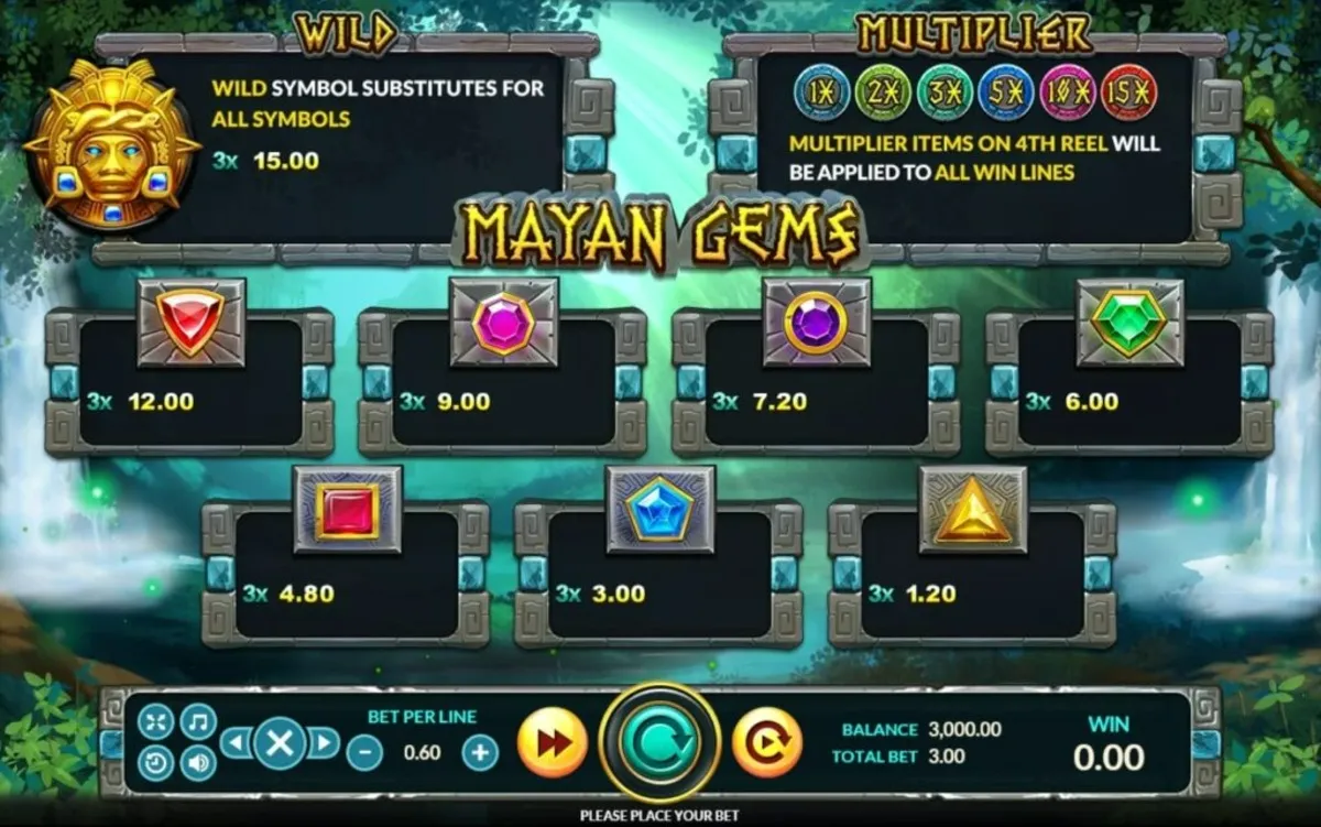 รีลเกม Mayan Gems พร้อมสัญลักษณ์หินแกะสลักและอัญมณี