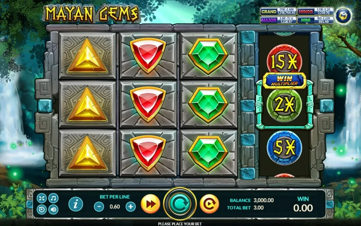หน้าเกม Mayan Gems แสดงอัญมณีมายันและฉากพีระมิดโบราณ