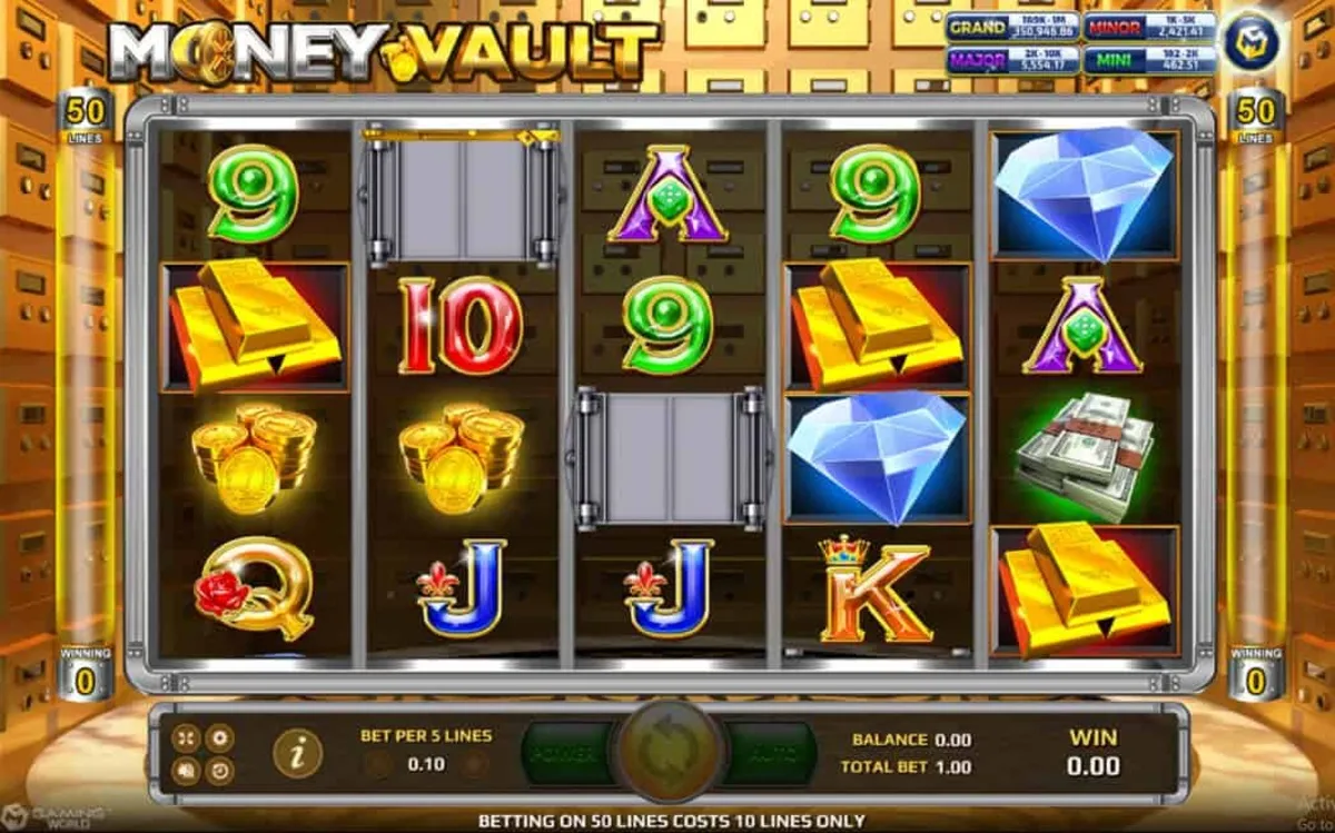 หน้าเกม Money Vault แสดงตู้เซฟเงินสดและบรรยากาศการเงิน