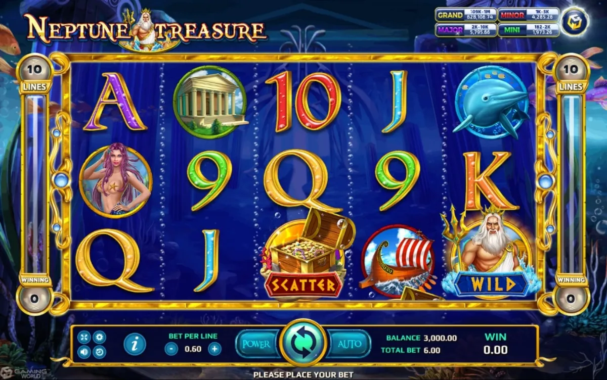 หน้าเกม Neptune Treasure แสดงเทพเนปจูนและสมบัติใต้ทะเล
