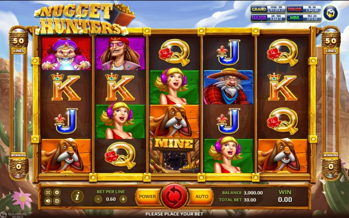 หน้าเกม Nugget Hunter แสดงนักล่าทองคำและเหมืองแร่