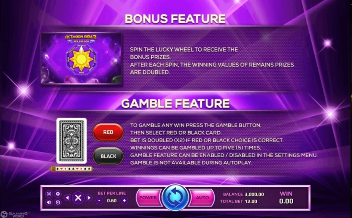 ตารางสัญลักษณ์ Octagon Gem 2 แสดงอัตราการจ่ายรางวัล