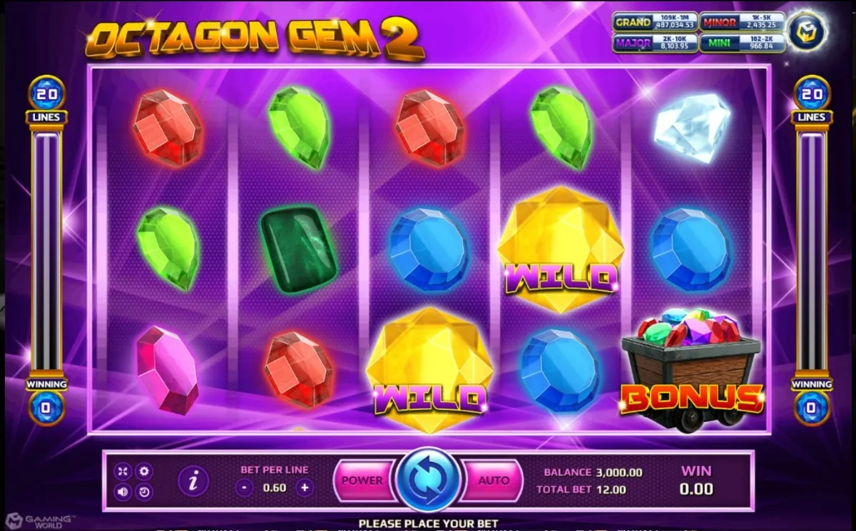หน้าเกม Octagon Gem 2 แสดงอัญมณีทรงแปดเหลี่ยมสีสด