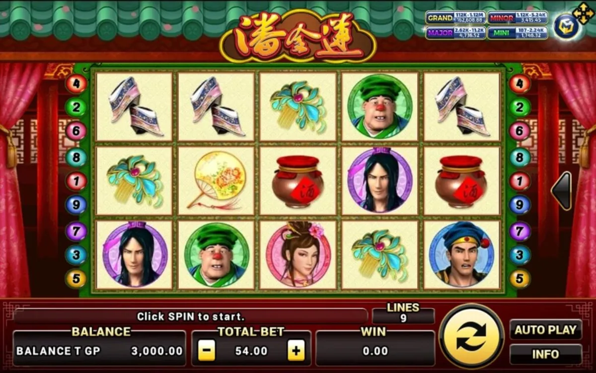 หน้าเกม Pan Jin Lian แสดงตัวละครหญิงจีนและบรรยากาศย้อนยุค
