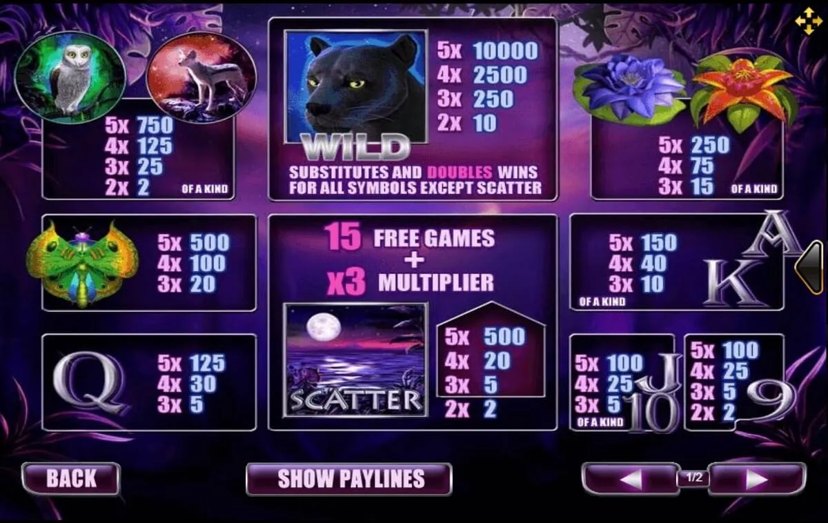 รีลเกม Panther Moon พร้อมสัญลักษณ์เสือดำและดวงจันทร์