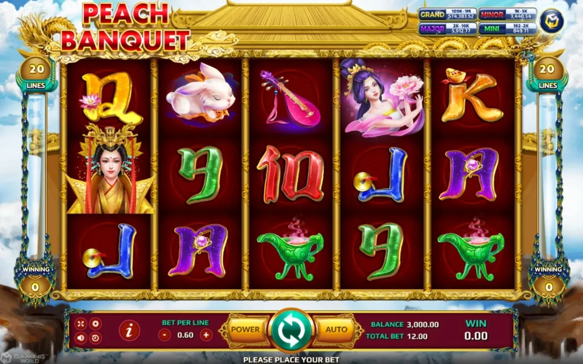 หน้าเกม Peach Banquet แสดงงานเลี้ยงลูกท้อและบรรยากาศสวรรค์จีน