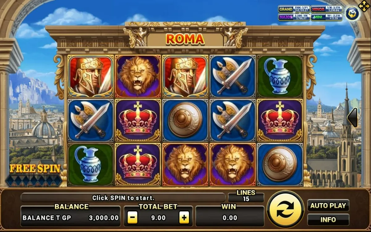 หน้าเกม Roma แสดงนักรบโรมันและสนามประลองโบราณ