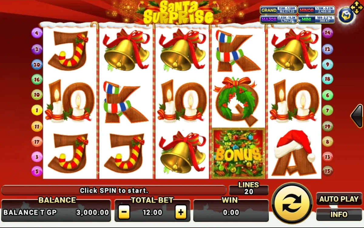 หน้าเกม Santa Surprise แสดงซานตาคลอสและหิมะโปรยปราย